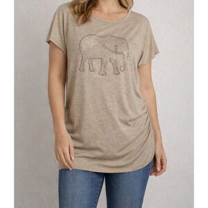 SJS Women's XL Beige Elephant Studded Short Sleeve Top Ruched Sides USA
